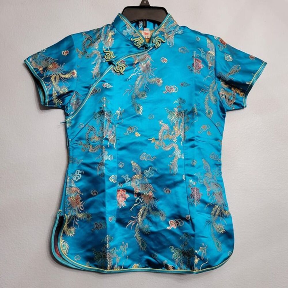 LAOGUDAI Blue Traditional Dragon Phoenix Print Cheongsam Shirt Qipao Top MED